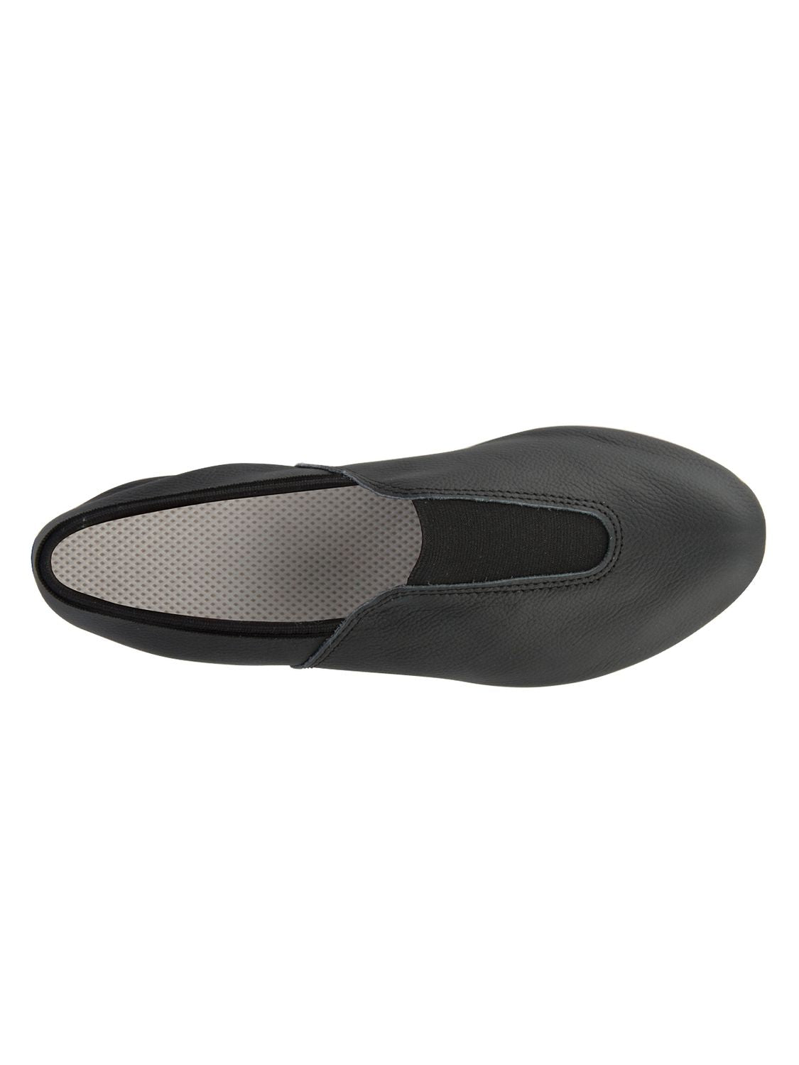 Draufsicht der schwarzen Rumpf 1038 Gymnastikschuhe mit grauer Innensohle und elastischem Zwickel für mehr Komfort.